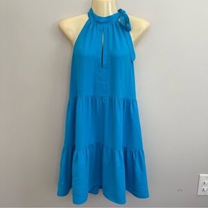 Amanda Uprichard Dress Womens XS Blue Halter Neck Ruffle Hem Dress Waterfall
